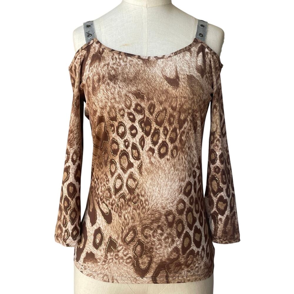 90s Leopard Animal Print top XS Cold Shoulder Studded Rocker Mobwife Morgan